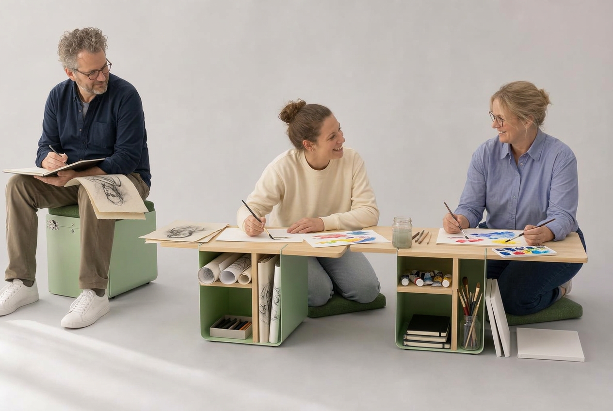 Drei Menschen malen und zeichnen an der Boxen-Insel